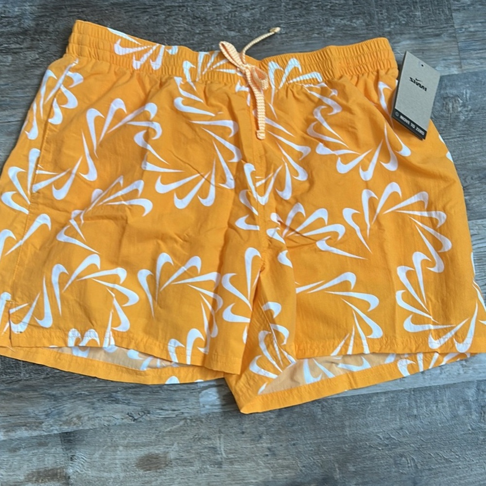 Nike Orange and White Swim Trunks with Tropical Design large